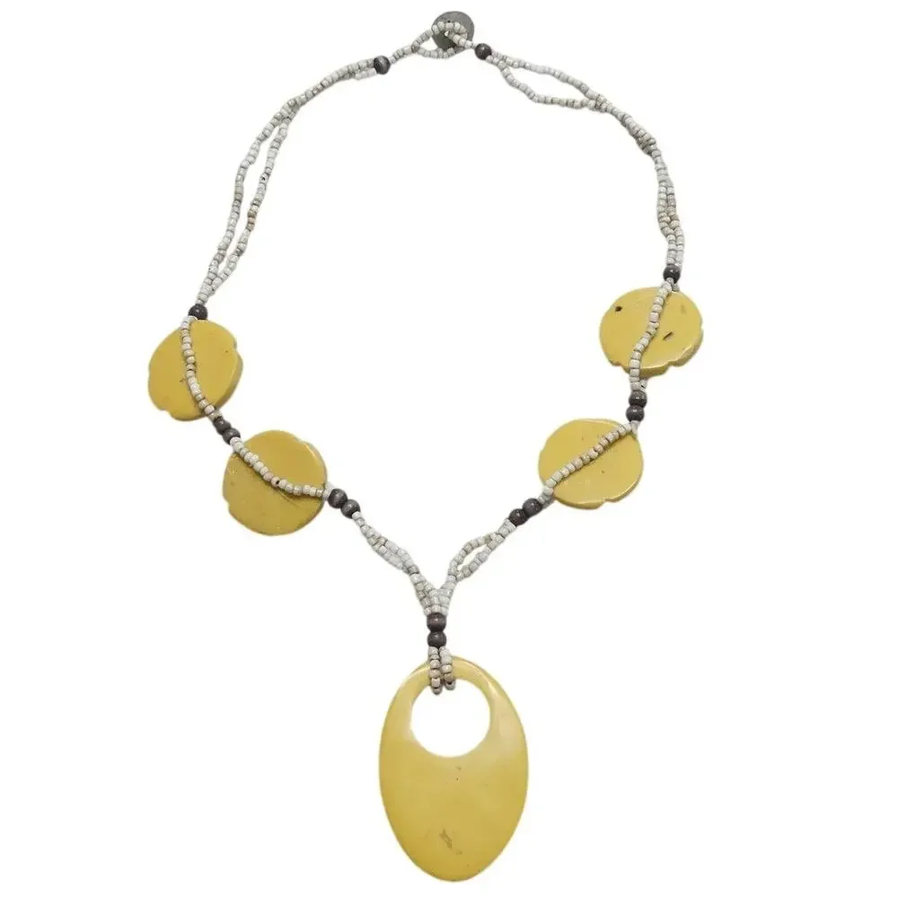 Vintage Chunky Yellow Bakelite & Seed Bead Geometric Boho Necklace